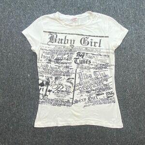 Bling Bling Newspaper Print Baby Tee L Women White Y2K‎ Graphic T101S